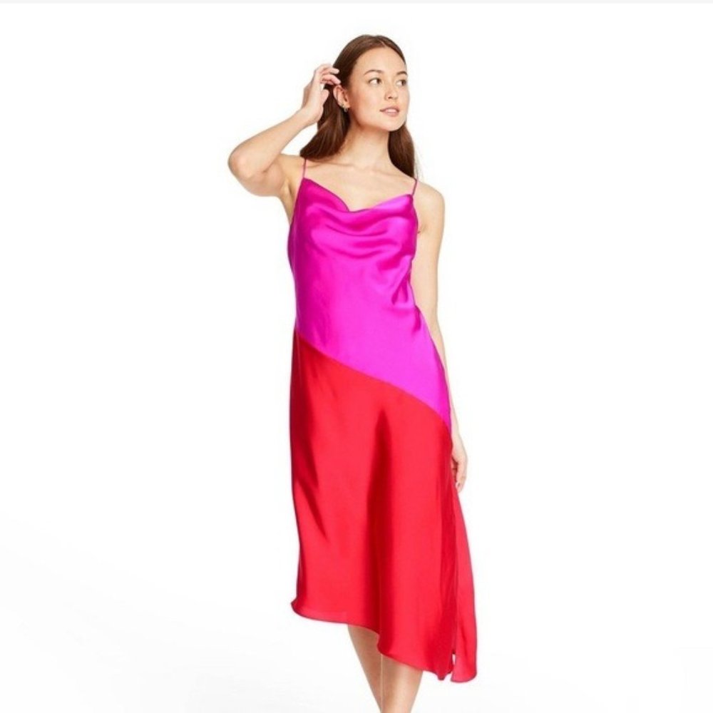 Cushnie x Target Pink Orange Colorblock Stretchy Satin Racerback Cowl Neck Dress